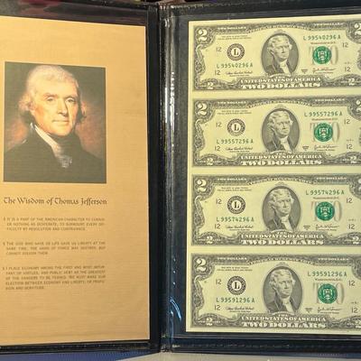 2003-A $2 Two Dollar Uncut Sheet of 4 by World Reserve Monetary Exchange/Federal Reserve Banknotes as Pictured. FREE DOMESTIC SHIPPING.