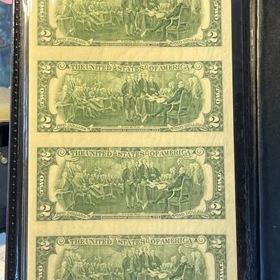 2003-A $2 Two Dollar Uncut Sheet of 4 by World Reserve Monetary Exchange/Federal Reserve Banknotes as Pictured. FREE DOMESTIC SHIPPING.