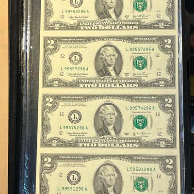 2003-A $2 Two Dollar Uncut Sheet of 4 by World Reserve Monetary Exchange/Federal Reserve Banknotes as Pictured. FREE DOMESTIC SHIPPING.