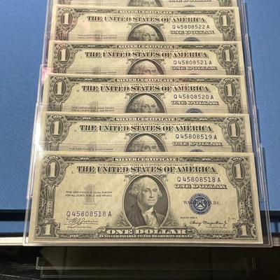 6-Series 1935-A $1.00 (Consecutive Serial Numbers) Silver Certificates Uncirculated Condition Banknotes Q45808518A to Q45808523A as...