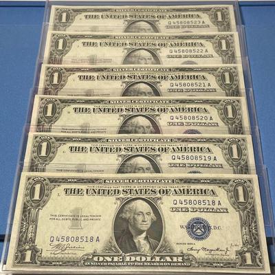 6-Series 1935-A $1.00 (Consecutive Serial Numbers) Silver Certificates Uncirculated Condition Banknotes Q45808518A to Q45808523A as...