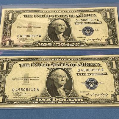 2-Series 1935-A $1.00 (Consecutive Serial Numbers) Silver Certificates Uncirculated Condition Banknotes Q45808516A/Q45808517A as Pictured.