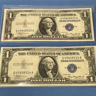 2-Series 1935-A $1.00 (Consecutive Serial Numbers) Silver Certificates Uncirculated Condition Banknotes Q45808515A/Q45808514A as Pictured.
