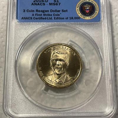 ANACS Certified 2016-D MS67 RONALD REAGAN Presidential Dollar Coin "First Strike" as Pictured. FREE DOMESTIC SHIPPING.