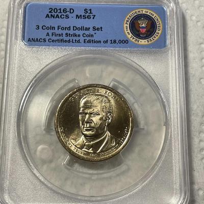 ANACS Certified 2016-D MS67 GERALD FORD Presidential Dollar Coin "First Strike" as Pictured. FREE DOMESTIC SHIPPING.