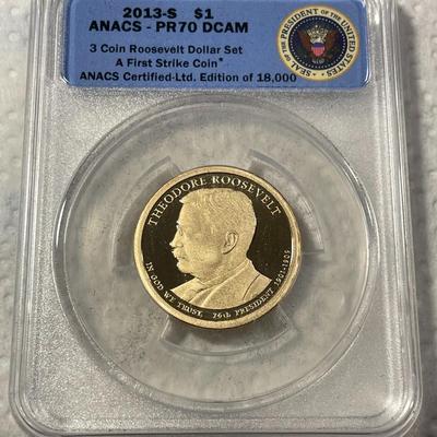 ANACS Certified 2013-S PROOF70 DEEP CAMEO THEODORE ROOSEVELT Presidential Dollar Coin "First Strike" as Pictured. FREE DOMESTIC...