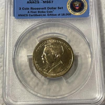 ANACS Certified 2013-D MS67 THEODORE ROOSEVELT Presidential Dollar Coin "First Strike" as Pictured. FREE DOMESTIC SHIPPING.