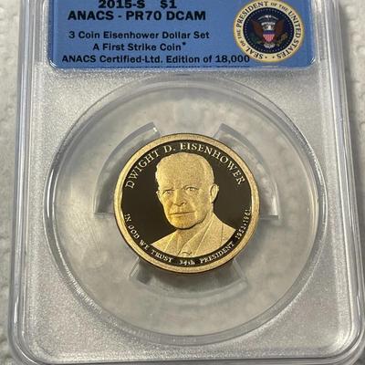 ANACS Certified 2015-S PROOF70 DEEP CAMEO DWIGHT D. EISENHOWER Presidential Dollar Coin "First Strike" as Pictured. FREE...