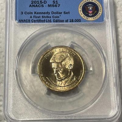 ANACS Certified 2015-D MS67 JOHN F. KENNEDY Presidential Dollar Coin "First Strike" as Pictured. FREE DOMESTIC SHIPPING.