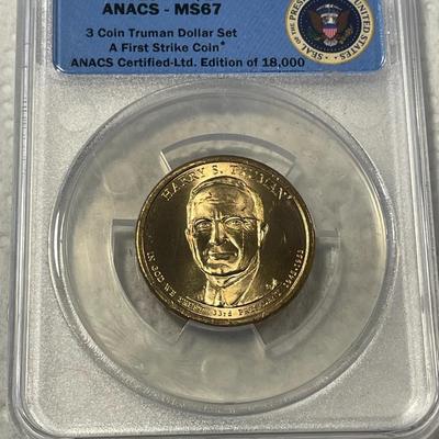 ANACS Certified 2015-P MS67 HARRY S. TRUMAN Presidential Dollar Coin "First Strike" as Pictured. FREE DOMESTIC SHIPPING.