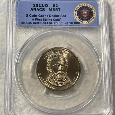 ANACS Certified 2011-D MS67 ULYSSES S. GRANT Presidential Dollar Coin "First Strike" as Pictured. FREE DOMESTIC SHIPPING.