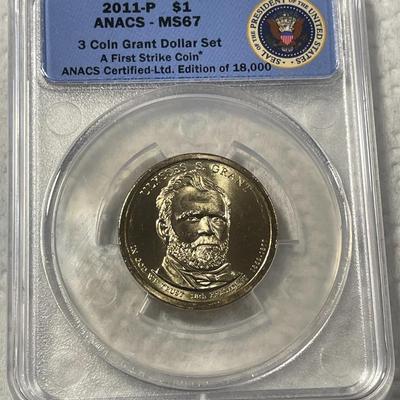 ANACS Certified 2011-P MS67 ULYSSES S. GRANT Presidential Dollar Coin "First Strike" as Pictured. FREE DOMESTIC SHIPPING.