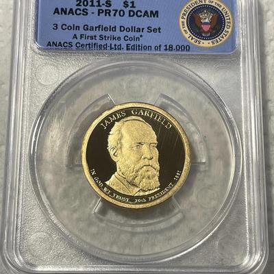 ANACS Certified 2011-S PROOF70 DEEP CAMEO JAMES GARFIELD Presidential Dollar Coin "First Strike" as Pictured. FREE DOMESTIC...