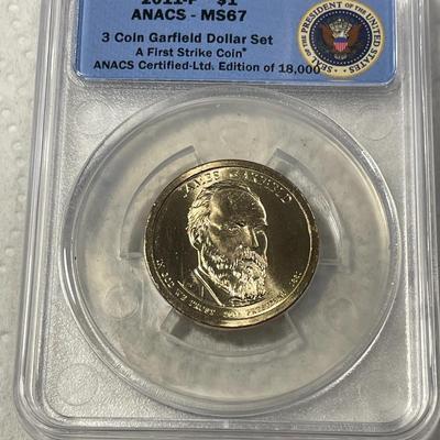 ANACS Certified 2011-P MS67 JAMES GARFIELD Presidential Dollar Coin "First Strike" as Pictured. FREE DOMESTIC SHIPPING.