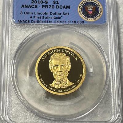 ANACS Certified 2010-S PROOF70 DEEP CAMEO ABE LINCOLN Presidential Dollar Coin "First Strike" as Pictured. FREE DOMESTIC SHIPPING.