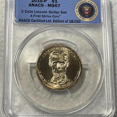 ANACS Certified 2010-P MS67 ABE LINCOLN Presidential Dollar Coin "First Strike" as Pictured. FREE DOMESTIC SHIPPING.