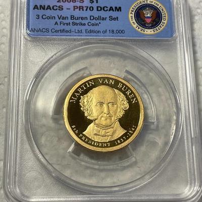 ANACS Certified 2008-S PROOF70 DEEP CAMEO MARTIN VAN BUREN Presidential Dollar Coin "First Strike" as Pictured. FREE DOMESTIC...