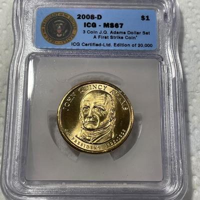 ICG Certified 2008-D MS67 JOHN QUINCY ADAMS Presidential Dollar Coin "First Strike" as Pictured. FREE DOMESTIC SHIPPING.