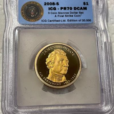 ICG Certified 2008-S PROOF70 DEEP CAMEO JAMES MONROE Presidential Dollar Coin "First Strike" as Pictured. FREE DOMESTIC SHIPPING.