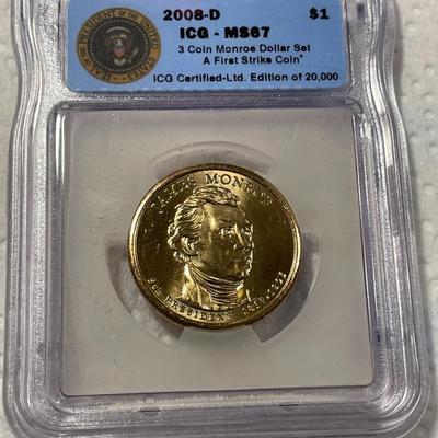 ICG Certified 2008-D MS67 JAMES MONROE Presidential Dollar Coin "First Strike" as Pictured. FREE DOMESTIC SHIPPING.