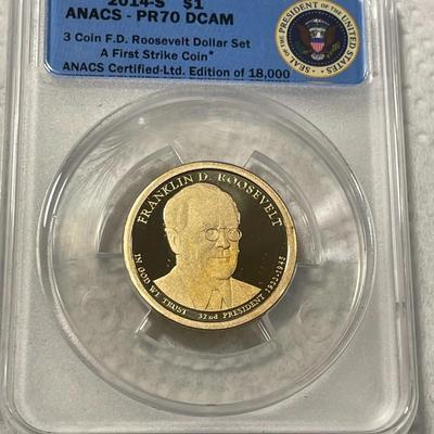 ANACS Certified 2014-S PROOF70 DEEP CAMEO FRANKLIN D. ROOSEVELT Presidential Dollar Coin "First Strike" as Pictured. FREE...