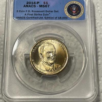 ANACS Certified 2014-P MS67 FRANKLIN D. ROOSEVELT Presidential Dollar Coin "First Strike" as Pictured. FREE DOMESTIC SHIPPING.