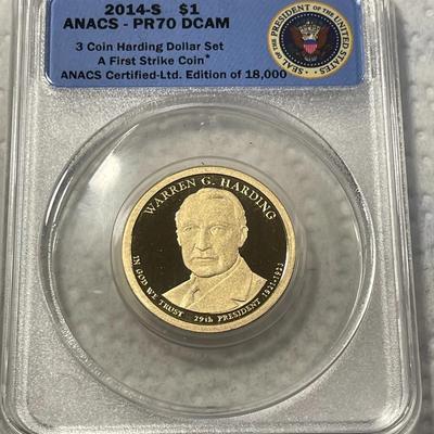 ANACS Certified 2014-S PROOF70 DEEP CAMEO WARREN HARDING Presidential Dollar Coin "First Strike" as Pictured. FREE DOMESTIC...
