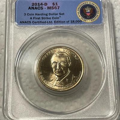 ANACS Certified 2014-D MS67 WARREN HARDING Presidential Dollar Coin "First Strike" as Pictured. FREE DOMESTIC SHIPPING.