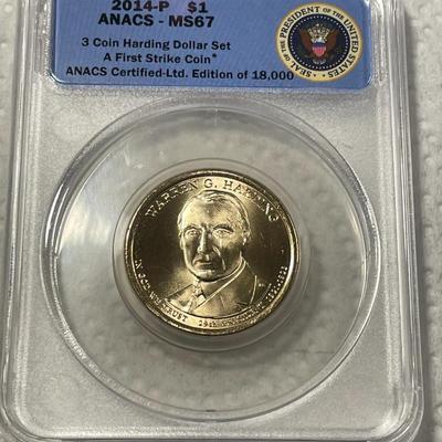 ANACS Certified 2014-P MS67 WARREN HARDING Presidential Dollar Coin "First Strike" as Pictured. FREE DOMESTIC SHIPPING.