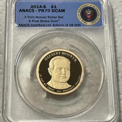 ANACS Certified 2014-S PROOF70 DEEP CAMEO HERBERT HOOVER Presidential Dollar Coin "First Strike" as Pictured. FREE DOMESTIC...