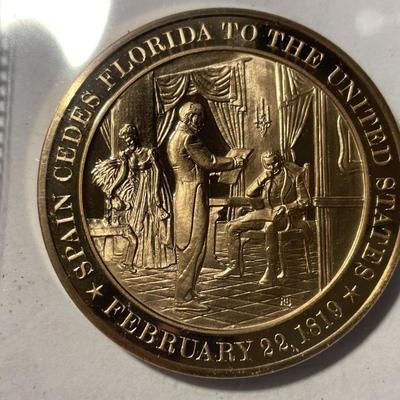 1819 SPAIN CEDES FLORIDA TO THE UNITED STATES FRANKLIN MINT PROOF BRONZE MEDAL (MEDAL #44). FREE DOMESTIC SHIPPING.