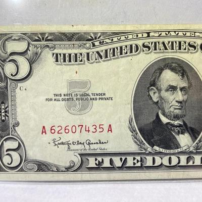 Series 1963 $5 Red Seal US Legal Tender Note EF/AU Condition Serial #A62607435A as Pictured. Free Domestic Shipping.
