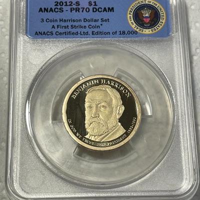 ANACS Certified 2012-S PROOF70 DEEP CAMEO Benjamin Harrison Presidential Dollar Coin "First Strike" as Pictured.