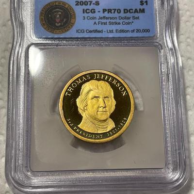 ICG Certified 2007-S PROOF70 DEEP CAMEO Jefferson Presidential Dollar Coin "First Strike" as Pictured. FREE DOMESTIC SHIPPING.