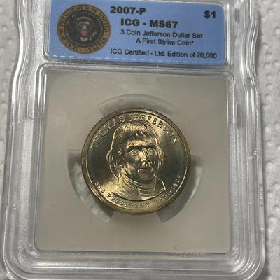 ICG Certified 2007-P MS67 Jefferson Presidential Dollar Coin "First Strike" as Pictured. FREE DOMESTIC SHIPPING.