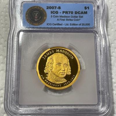 ICG Certified 2007-S PROOF70 DEEP CAMEO James Madison Presidential Dollar Coin "First Strike" as Pictured. FREE DOMESTIC SHIPPING.