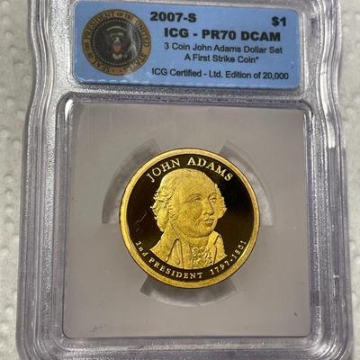 ICG Certified 2007-S PROOF70 DEEP CAMEO John Adams Presidential Dollar Coin "First Strike" as Pictured. FREE DOMESTIC SHIPPING.