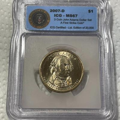 ICG Certified 2007-D MS67 John Adams Presidential Dollar Coin "First Strike" as Pictured. FREE DOMESTIC SHIPPING.