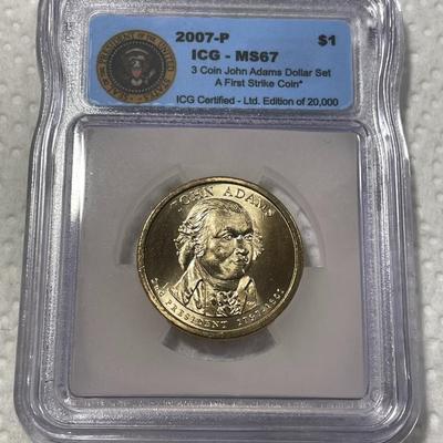 ICG Certified 2007-P MS67 John Adams Presidential Dollar Coin "First Strike" as Pictured. FREE DOMESTIC SHIPPING.