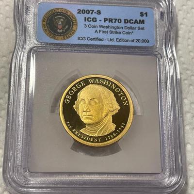 ICG Certified 2007-S PROOF70 DEEP CAMEO Washington Presidential Dollar Coin "First Strike" as Pictured. FREE DOMESTIC SHIPPING.