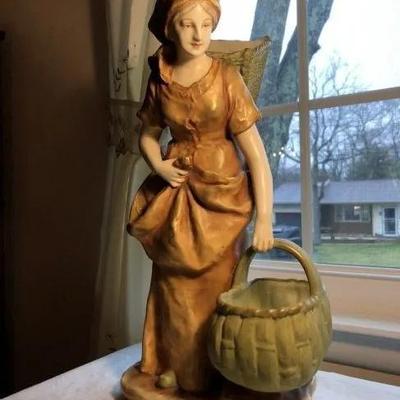 Antique Early 1900's Scarce Austrian Turn-Teplitz Amphora Porcelain Lady with Basket Statue 16.5" Tall #4623 in VG Condition as...