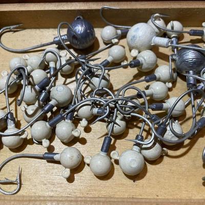 Vintage German Chocolate Wooden Box Loaded with Leaded Fishhooks as Pictured.