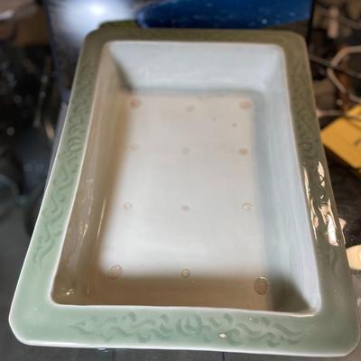 Antique Japanese Celadon Bonsai Seto Ware Planter 10.5" X 14.25" Very Very Heavy in VG Preowned Condition.