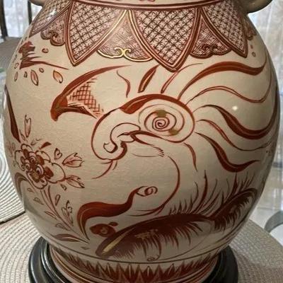 Early Japanese Kutani/Satsuma Hand Painted Signed Red/Gold Mark Vase from 1800's 15.5" Tall & w/Base 17" Tall...