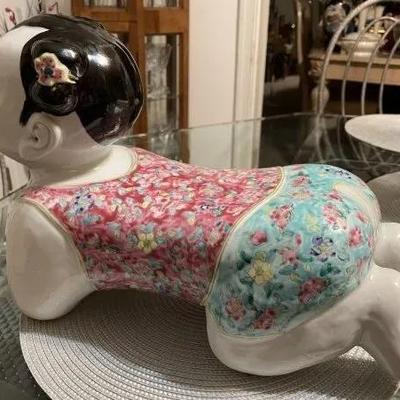 Vintage Earlier SIGNED BASE Chinese Famille Porcelain Baby Child/Girl Opium Pillow Art Statue Sculpture 14" Long as Pic'd....