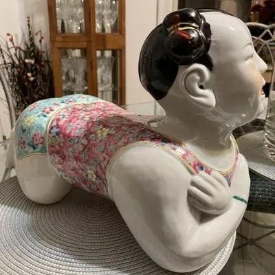 Vintage Earlier SIGNED BASE Chinese Famille Porcelain Baby Child/Girl Opium Pillow Art Statue Sculpture 14" Long as Pic'd....