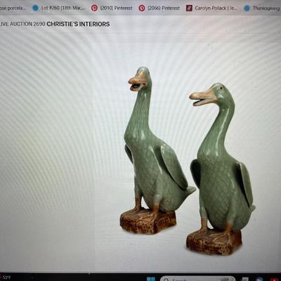 VERY RARE PAIR OF ASIAN CELADON-GLAZED FIGURES OF DUCKS 12" TALL IN VERY GOOD PREOWNED CONDITION.
