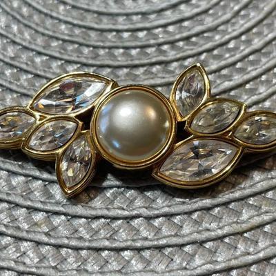 Vintage Swarovski SAL Designer Signed Crystal & Faux Pearl Bar Brooch Pin 2.25" Wide in Good Preowned Condition.