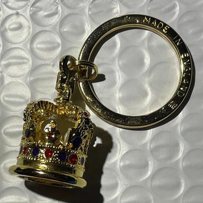 Haskins England Jeweled Coronation Crown Sculpted Gold-tone Metal Keychain Made in England in VG Preowned Condition as Pictured.