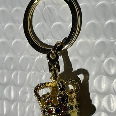 Haskins England Jeweled Coronation Crown Sculpted Gold-tone Metal Keychain Made in England in VG Preowned Condition as Pictured.